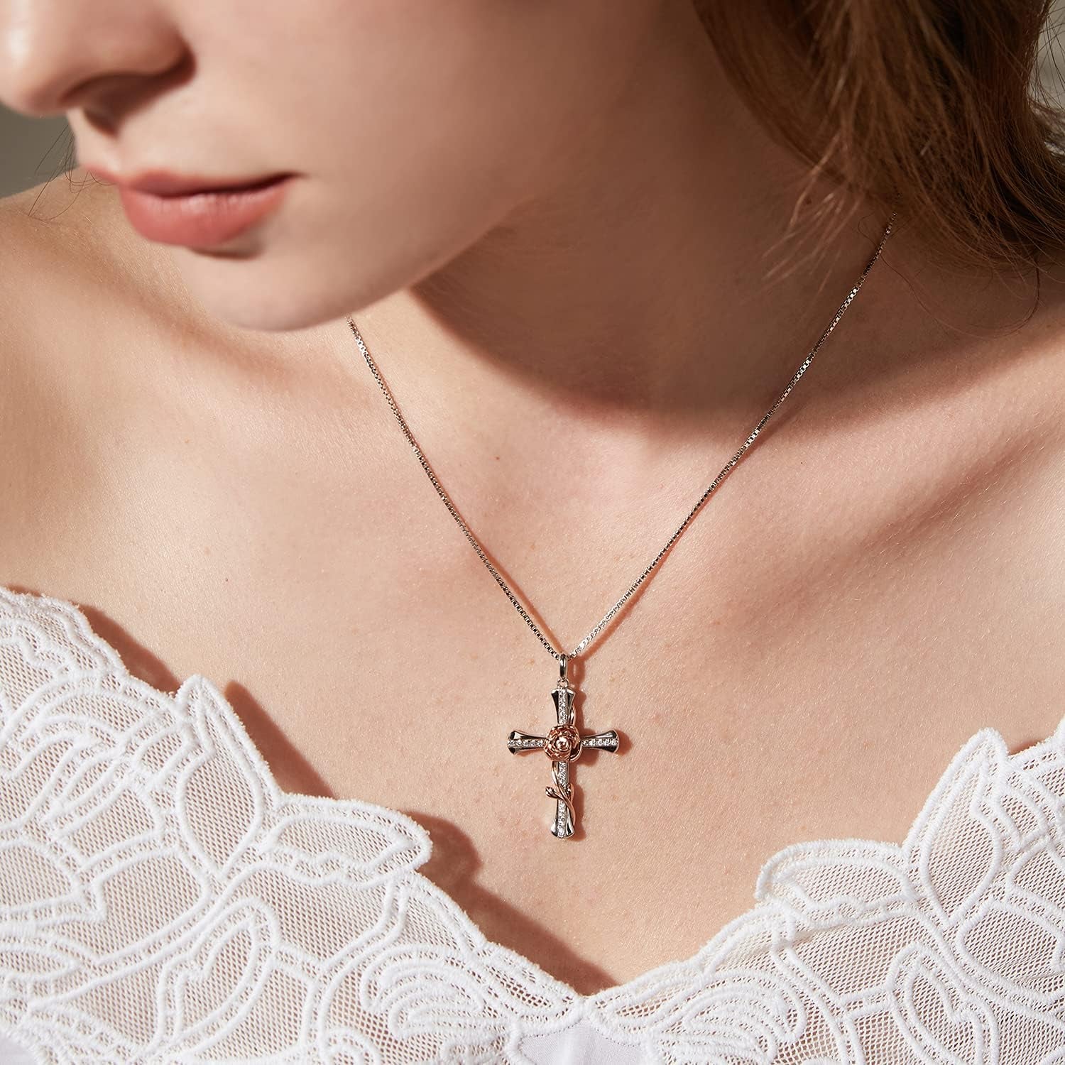 Rose Cross Necklace for Women 925 Sterling Silver Infinity Rose Cross Pendant Cubic Zirconia, Cross Jewelry Gift for Women Mom