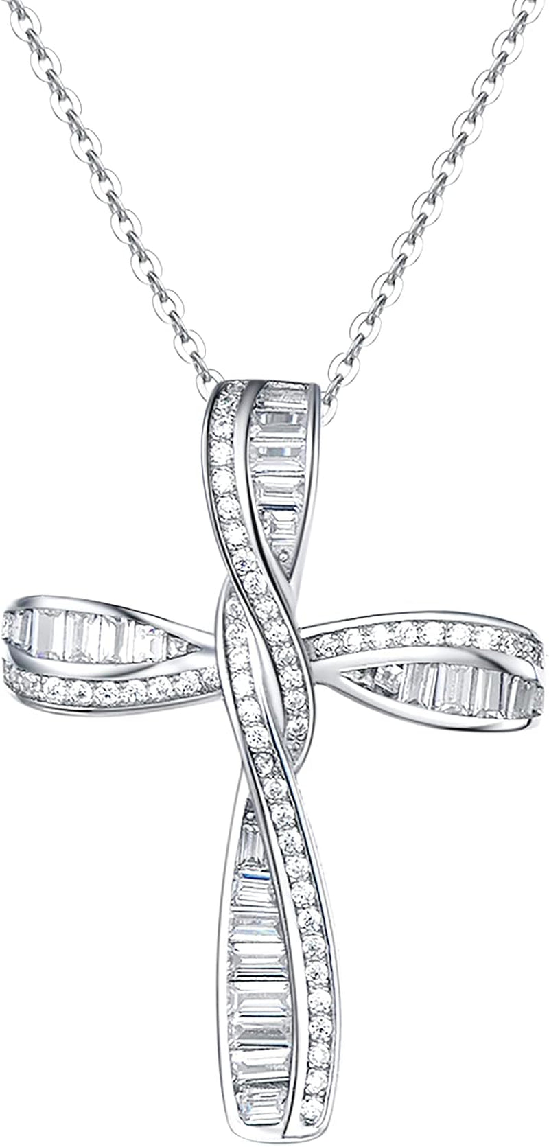 Cross Necklace for Women Sterling Silver Cubic Zirconia Twisted Cross Infinity Open Loop Pendant Gift for Women, 18" Extender
