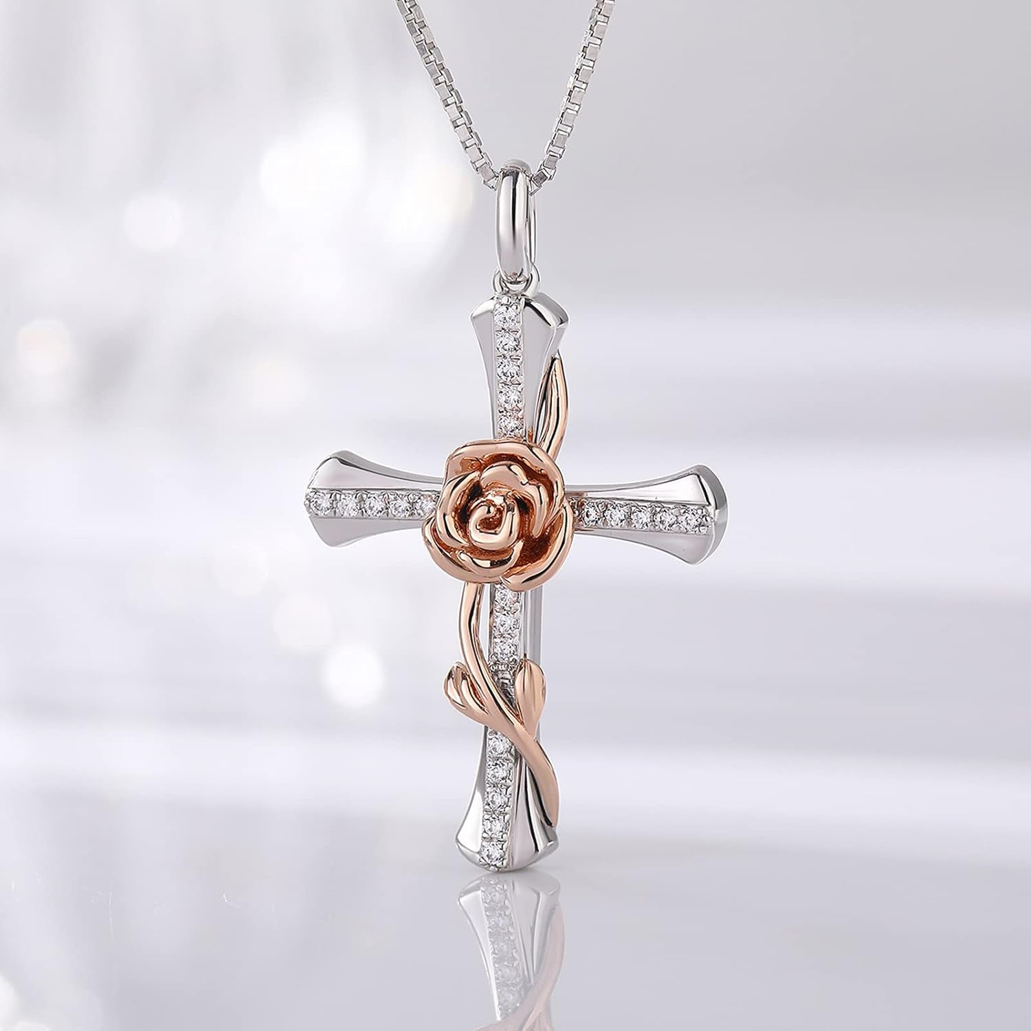 Rose Cross Necklace for Women 925 Sterling Silver Infinity Rose Cross Pendant Cubic Zirconia, Cross Jewelry Gift for Women Mom