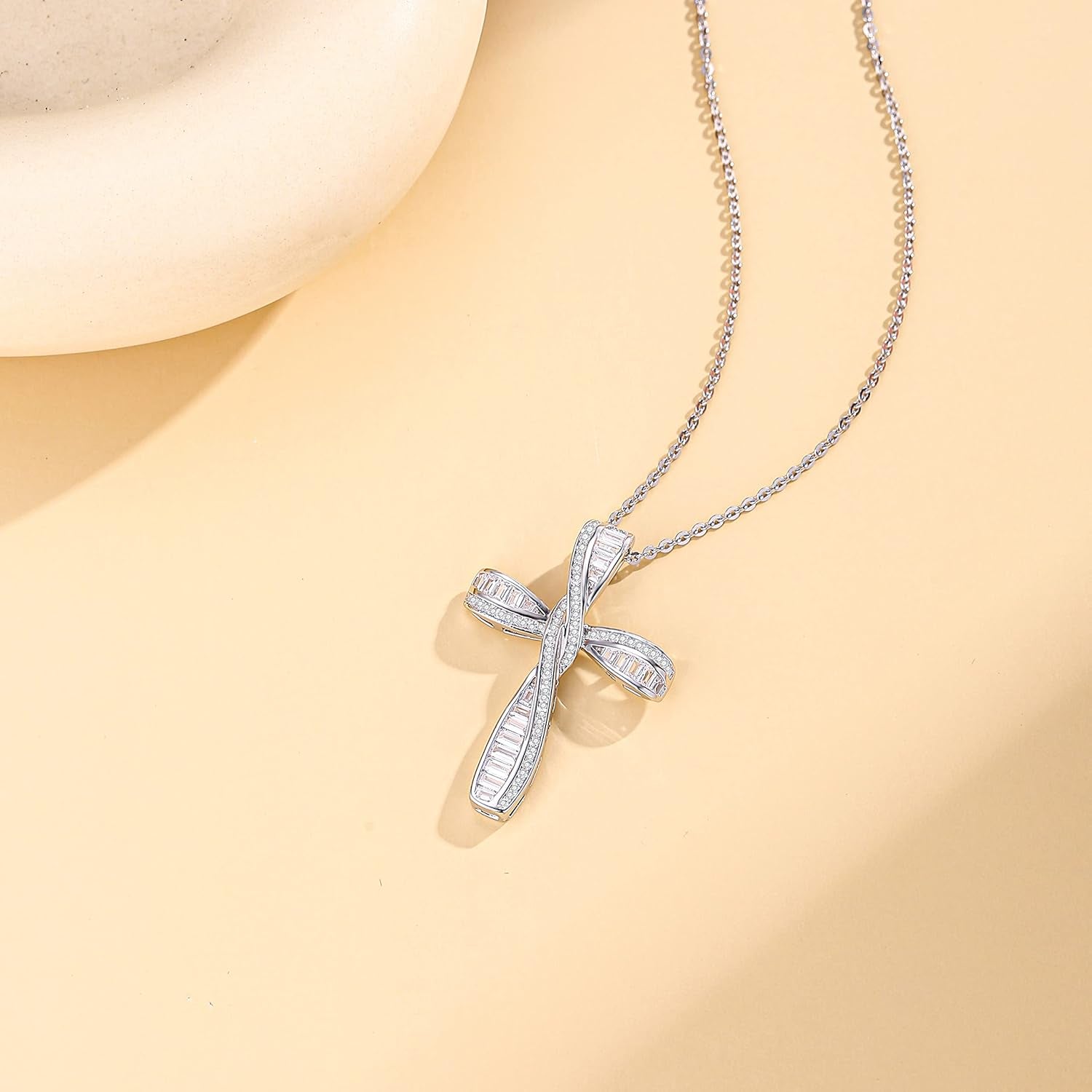 Cross Necklace for Women Sterling Silver Cubic Zirconia Twisted Cross Infinity Open Loop Pendant Gift for Women, 18" Extender